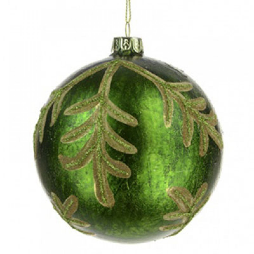 100mm Green Glass Christmas Baubles with Leaves